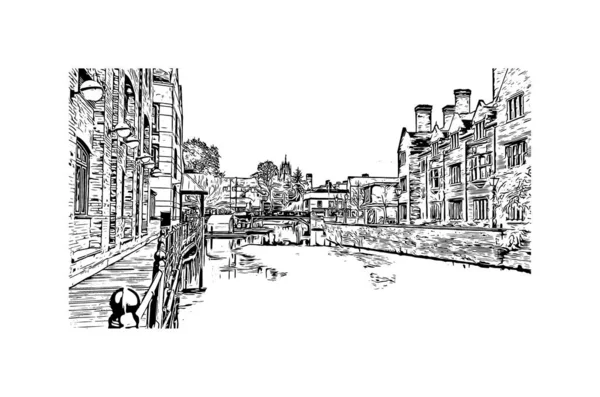 Print Building View Landmark Cambridge Stad Vid Floden Cam Östra — Stock vektor