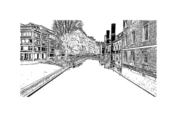 Print Vista Del Edificio Con Hito Cambridge Una Ciudad Río — Vector de stock