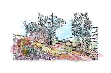 Cajamarca, Peru 'da bir şehirdir. Vektörde elle çizilmiş resim ile suluboya sıçraması.