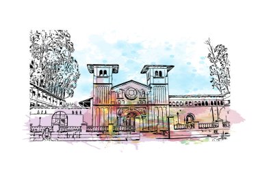 Cajamarca, Peru 'da bir şehirdir. Vektörde elle çizilmiş resim ile suluboya sıçraması.