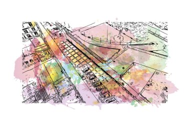 Campeche 'nin simgesi olan Print Building View, Meksika' da bir şehirdir. Vektörde elle çizilmiş resim ile suluboya sıçraması.