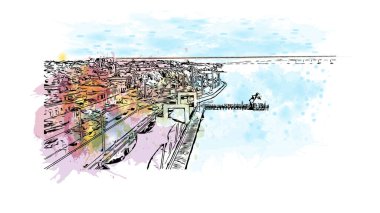 Campeche 'nin simgesi olan Print Building View, Meksika' da bir şehirdir. Vektörde elle çizilmiş resim ile suluboya sıçraması.