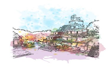 Campeche 'nin simgesi olan Print Building View, Meksika' da bir şehirdir. Vektörde elle çizilmiş resim ile suluboya sıçraması.