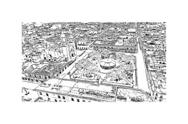Campeche 'nin simgesi olan Print Building View, Meksika' da bir şehirdir. Vektörde elle çizilmiş çizim çizimi.