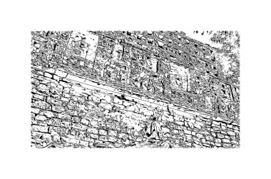 Campeche 'nin simgesi olan Print Building View, Meksika' da bir şehirdir. Vektörde elle çizilmiş çizim çizimi.