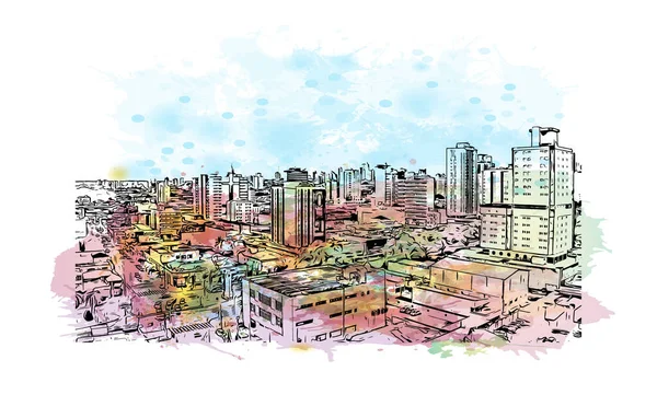 Campo Grande Brezilya 'nın batısında yer alan bir şehirdir. Vektörde elle çizilmiş resim ile suluboya sıçraması.