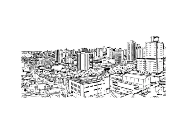 印刷カンポ グランデのランドマークとビルディングビューは 西中央ブラジルの都市です 手描きのスケッチ図ベクトル — ストックベクタ
