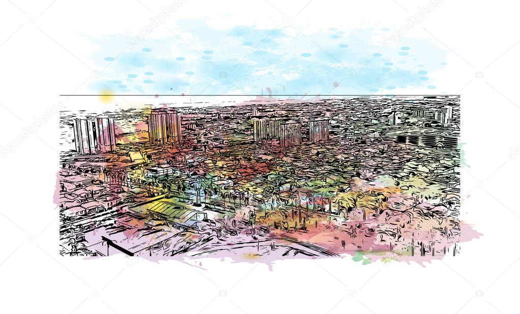 Print  Building view with landmark of Campos dos Goytacazes is the municipality in Brazil. Watercolor splash with hand drawn sketch illustration in vector.