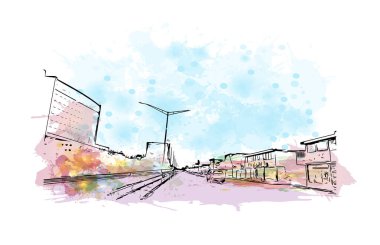 Print Building view of Carolina, Porto Riko 'nun kuzeydoğu kıyısında yer alan bir belediyedir. Vektörde elle çizilmiş çizim çizimi.