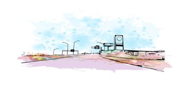 Print Building view of Carolina, Porto Riko 'nun kuzeydoğu kıyısında yer alan bir belediyedir. Vektörde elle çizilmiş resim ile suluboya sıçraması.