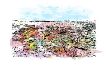 Print Building view with landmark of Canberra, Avustralya 'nın başkenti. Vektörde elle çizilmiş resim ile suluboya sıçraması.