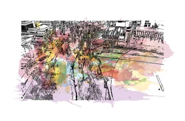 Print Building view with landmark of Canberra, Avustralya 'nın başkenti. Vektörde elle çizilmiş resim ile suluboya sıçraması.