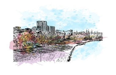 Print Building view with landmark of Canberra, Avustralya 'nın başkenti. Vektörde elle çizilmiş resim ile suluboya sıçraması.