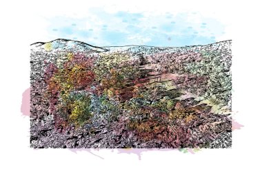 Print Building view with landmark of Canberra, Avustralya 'nın başkenti. Vektörde elle çizilmiş resim ile suluboya sıçraması.