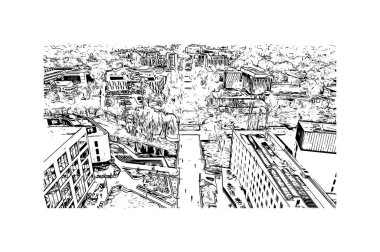 Print Building view with landmark of Canberra, Avustralya 'nın başkenti. Vektörde elle çizilmiş çizim çizimi.