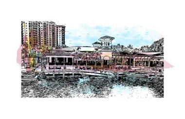 Print Building view with landmark of Cape Coral is a city in southwest Florida. Watercolor splash with hand drawn sketch illustration in vector. clipart