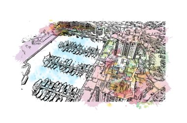 Cape Coral, Florida 'nın güneybatısında yer alan bir şehirdir. Vektörde elle çizilmiş resim ile suluboya sıçraması.