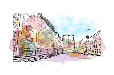 Print Building view with landmark of Cardiff is capital city of Wales. Vektörde elle çizilmiş resim ile suluboya sıçraması.