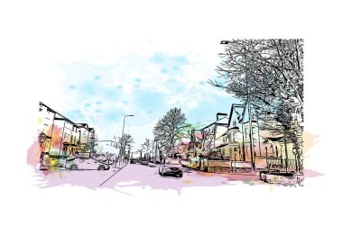 Print Building view with landmark of Cardiff is capital city of Wales. Vektörde elle çizilmiş resim ile suluboya sıçraması.