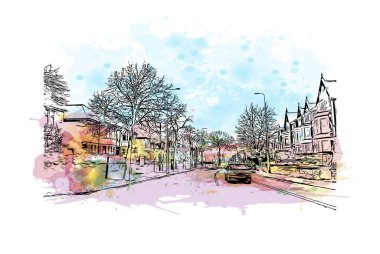 Print Building view with landmark of Cardiff is capital city of Wales. Vektörde elle çizilmiş resim ile suluboya sıçraması.