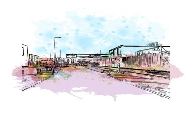 Print Building view with landmark of Cardiff is capital city of Wales. Vektörde elle çizilmiş resim ile suluboya sıçraması.