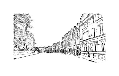 Print Building view with landmark of Cardiff is capital city of Wales. Vektörde elle çizilmiş çizim çizimi.