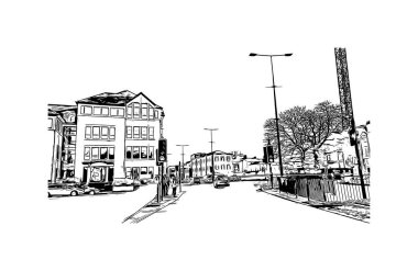 Print Building view with landmark of Cardiff is capital city of Wales. Vektörde elle çizilmiş çizim çizimi.