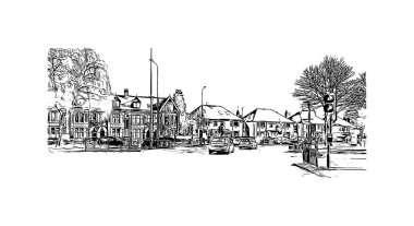 Print Building view with landmark of Cardiff is capital city of Wales. Vektörde elle çizilmiş çizim çizimi.