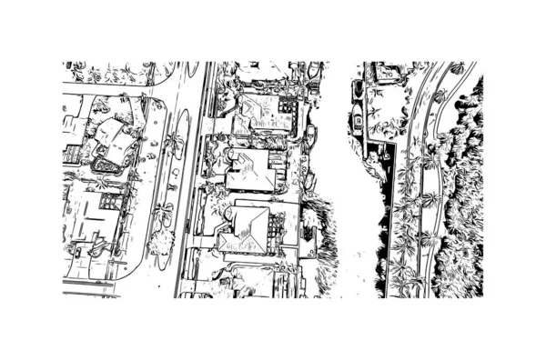 印刷ケープコーラルのランドマークとビルの景色はフロリダ州南西部の都市です 手描きのスケッチ図ベクトル — ストックベクタ