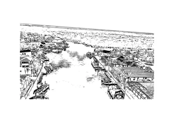 印刷ケープコーラルのランドマークとビルの景色はフロリダ州南西部の都市です 手描きのスケッチ図ベクトル — ストックベクタ