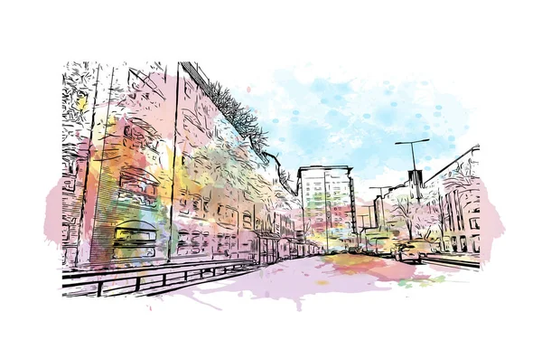 Print Building view with landmark of Cardiff is capital city of Wales. Vektörde elle çizilmiş resim ile suluboya sıçraması.