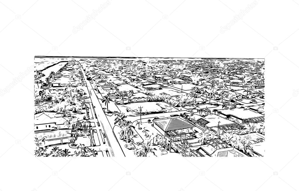 Print Building view with landmark of Cape Coral is a city in southwest Florida. Hand drawn sketch illustration in vector.