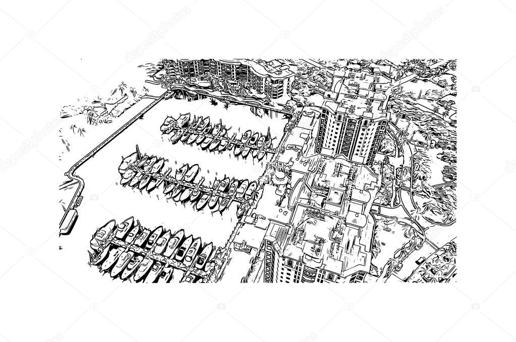 Print Building view with landmark of Cape Coral is a city in southwest Florida. Hand drawn sketch illustration in vector.