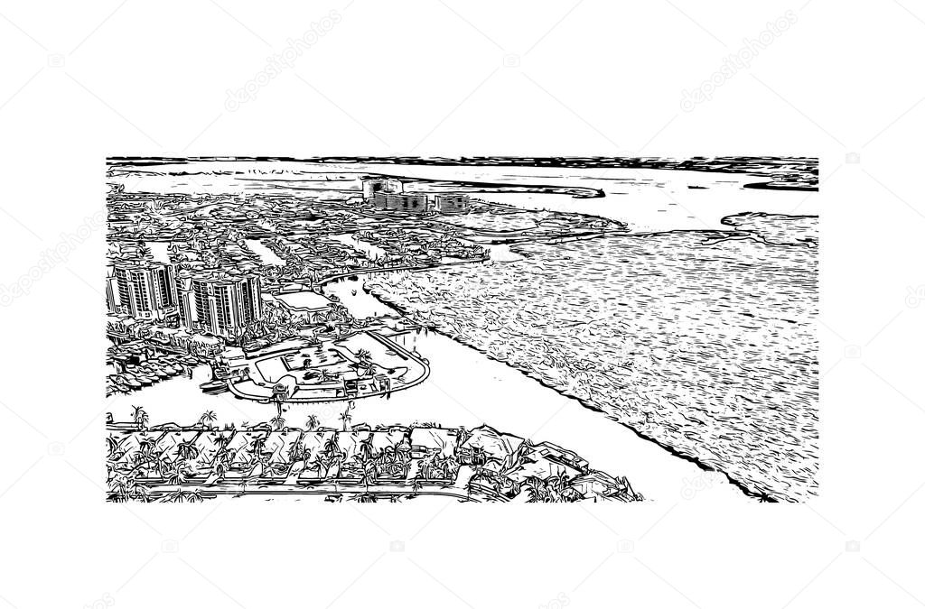 Print Building view with landmark of Cape Coral is a city in southwest Florida. Hand drawn sketch illustration in vector.