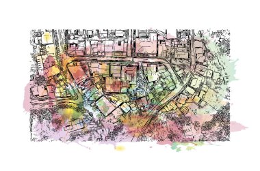 Print Building view with landmark of Kartago is the city in Costa Rica. Vektörde elle çizilmiş resim ile suluboya sıçraması.