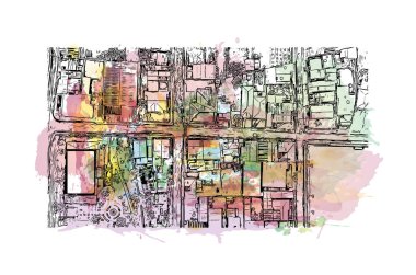 Print Building view with landmark of Kartago is the city in Costa Rica. Vektörde elle çizilmiş resim ile suluboya sıçraması.