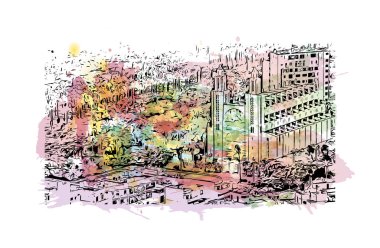 Print Building view with landmark of Casablanca, Fas 'ın batısında yer alan bir liman kentidir. Vektörde elle çizilmiş resim ile suluboya sıçraması.