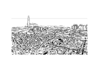 Print Building view with landmark of Casablanca, Fas 'ın batısında yer alan bir liman kentidir. Vektörde elle çizilmiş çizim çizimi.