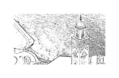 Print Building view with landmark of Casablanca, Fas 'ın batısında yer alan bir liman kentidir. Vektörde elle çizilmiş çizim çizimi.