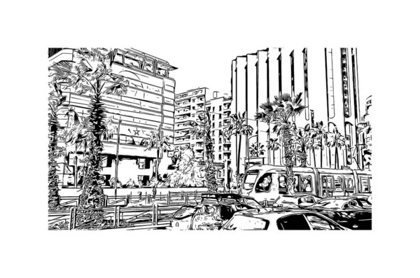 Print Building Vista Com Marco Casablanca Uma Cidade Portuária Centro — Vetor de Stock