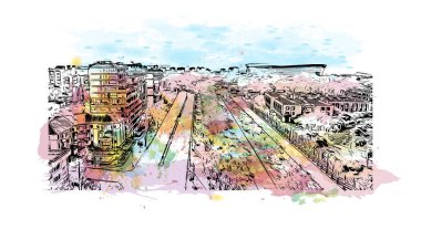 Cape Town, Afrika kıtasında bulunan bir şehirdir. Vektörde elle çizilmiş resim ile suluboya sıçraması.