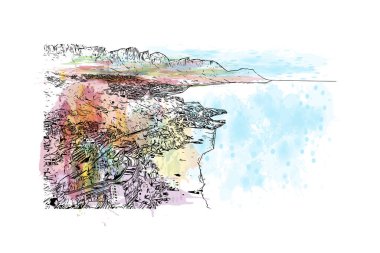 Cape Town, Afrika kıtasında bulunan bir şehirdir. Vektörde elle çizilmiş resim ile suluboya sıçraması.