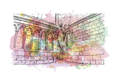 İspanya 'nın doğusunda yer alan Castellon Eyaleti' nin dönüm noktası olan Print Building Vilayeti. Vektörde elle çizilmiş resim ile suluboya sıçraması.