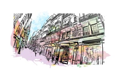 İspanya 'nın doğusunda yer alan Castellon Eyaleti' nin dönüm noktası olan Print Building Vilayeti. Vektörde elle çizilmiş resim ile suluboya sıçraması.