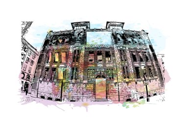 İspanya 'nın doğusunda yer alan Castellon Eyaleti' nin dönüm noktası olan Print Building Vilayeti. Vektörde elle çizilmiş resim ile suluboya sıçraması.