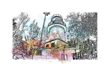 İspanya 'nın doğusunda yer alan Castellon Eyaleti' nin dönüm noktası olan Print Building Vilayeti. Vektörde elle çizilmiş resim ile suluboya sıçraması.