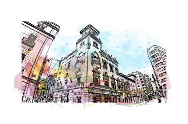İspanya 'nın doğusunda yer alan Castellon Eyaleti' nin dönüm noktası olan Print Building Vilayeti. Vektörde elle çizilmiş resim ile suluboya sıçraması.