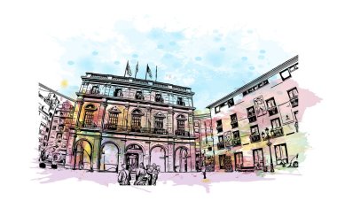 İspanya 'nın doğusunda yer alan Castellon Eyaleti' nin dönüm noktası olan Print Building Vilayeti. Vektörde elle çizilmiş resim ile suluboya sıçraması.