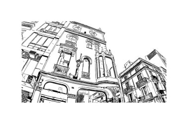 İspanya 'nın doğusunda yer alan Castellon Eyaleti' nin dönüm noktası olan Print Building Vilayeti. Vektörde elle çizilmiş çizim çizimi.