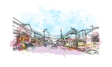 Print Building view with landmark of Cavite is the city of Philippines. Vektörde elle çizilmiş resim ile suluboya sıçraması.